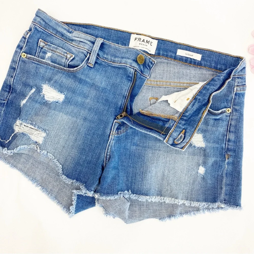 Frame Denim Le Cutoff Denim Jean Shorts Distressed Oxnard Blue Light Wash